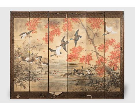 19th Century Japanese Silk Painting by Kano Chikanobu. Cranes, Pine &  Camelia.