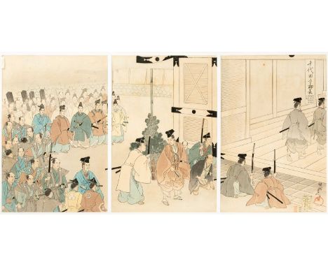 YOSHU / TOYOHARA CHIKANOBU (1838-1912)MEIJI ERA, C.1897Two Japanese woodblock print triptychs, the first entitled Kagamibirak