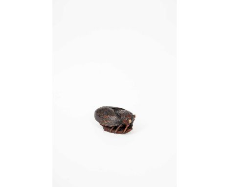 A LARGE BOXWOOD NETSUKE OF A CICADA BY MICHAEL WEBB (1932-2009)DATED 1996The plump insect is depicted on a small piece of bar