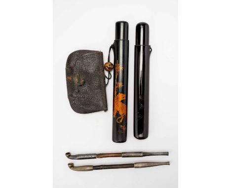 TWO JAPANESE KISERUZUTSU (PIPE CASES), TWO KISERU (PIPES), AND A TABAKO-IRE (TOBACCO POUCH)MEIJI OR LATER, 19TH OR 20TH CENTU