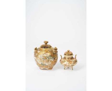 TWO JAPANESE SATSUMA KORO (INCENSE BURNERS) MEIJI ERA, 19TH/20TH CENTURYBoth with a reticulated cover, the first of bulbous f