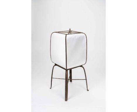 A JAPANESE IRON AND PAPER ANDON (LANTERN)EDO OR MEIJI, 19TH CENTURYThe removable shade of rounded square form with a short ha