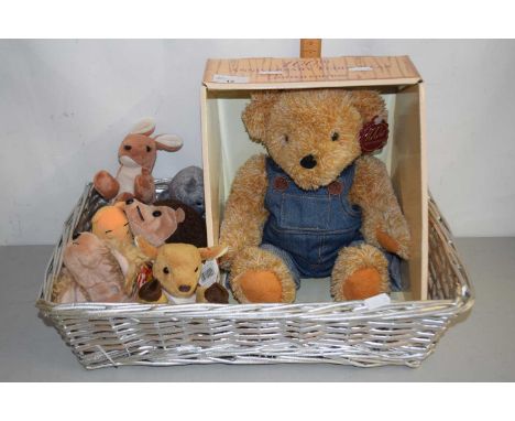 Basket of Ty Beanie Babies and a limited edition Teddies Teddy Bear 100th Anniversary Edition by Chad Valley