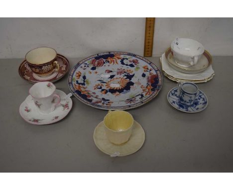 An Irish Belleek porcelain cup and saucer together with further Victorian cups and saucers and an iron stone plate