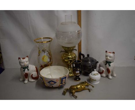Mixed Lot: Oil lamp, pair of Staffordshire pottery cats, a brass horse and other items