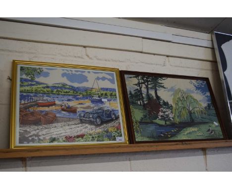 Two framed tapestry pictures, harbour scene and a rural lake