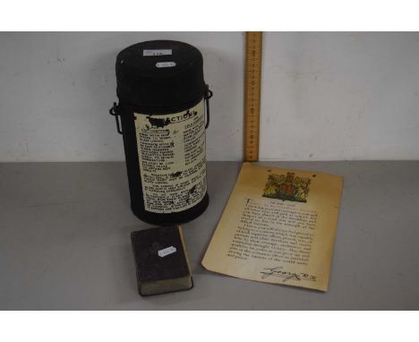 A vintage Thermos flask, a George VI Royal Message School Bible and a further printed war record card marked Today as we Cele