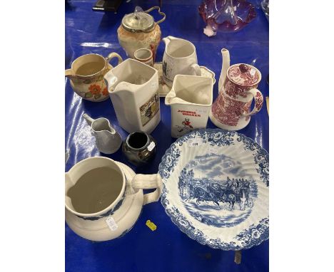 Mixed Lot: Black and white Scotch Whisky jug, Johnnie Walker Whisky jug, further biscuit barrel and other assorted ceramics