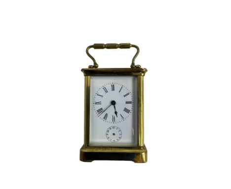 French - 19th century 8-day carriage clock with alarm, corniche case with an enamel dial, Roman numerals, minute markers and 