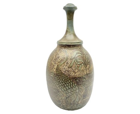 John Egerton (c1945-): studio pottery stoneware lamp base, decorated with cranes in a riverscape upon a mottled brown ground,