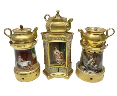 Three 19th century continental teapots and warmers, the first teapot upon a hexagonal warming base, painted with figures in p