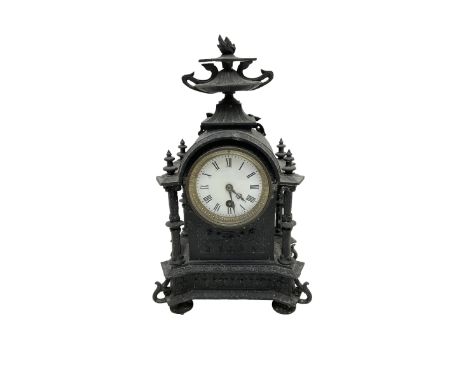 French - 19th century 8-day timepiece mantle clock in a cast iron effect case, break arch case surmounted with a flaming urn,