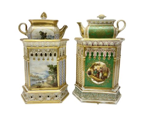 Two 19th century continental teapots and warmers, each teapot upon a hexagonal warming base, the first example painted with l