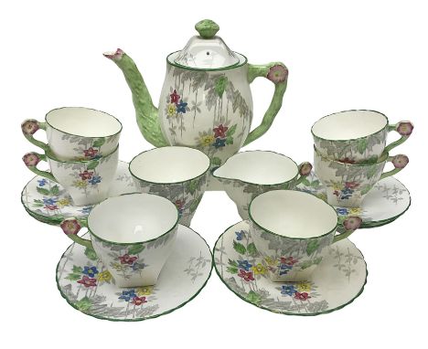 Art Deco Delphine China coffee service for six, comprising coffee pot, open sucrier, milk jug, cups and saucer, with floral d