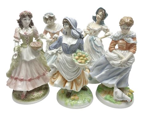Five Royal Worcester figures, comprising The Queen of May, Rosie Picking Apples, A Farmers Wife, The Milkmaid and The Shepher