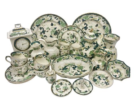 Collection of Masons Ironstone Chartreuse pattern, to include clock, six teacups, twin handled dish, ring dish, plates vases,