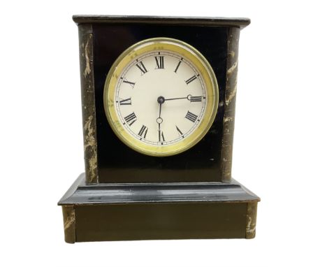 French -  Late 19th century 8-day timepiece mantle clock in an ebonised wooden case with faux marble corners, white enamel di