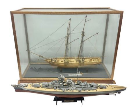 Cased scale built wooden model schooner "Scottish Maid 1839", in rectangular glazed display case, together with model build b