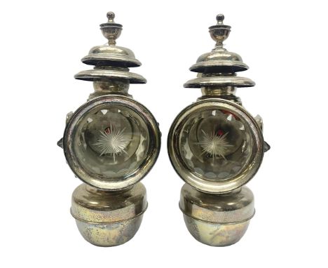 Pair of Lucas King of the Road oil-illuminating side-lamps,chrome bodies, with star cut glazed glass panels and urn finials, 