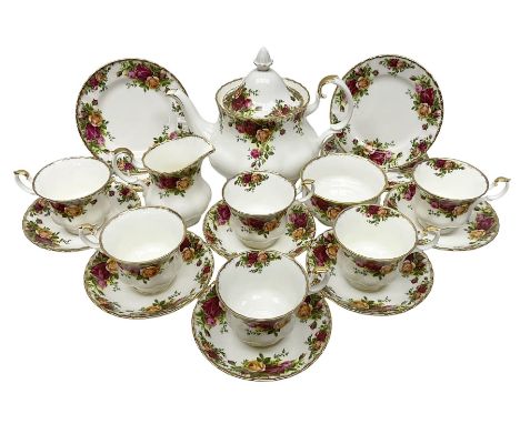 Royal Albert Old Country Roses pattern tea set for six, comprising teapot, milk jug, open sucrier, dessert plates, cups and s