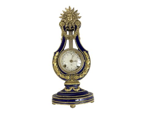 20th century V&A Marie Antionette lyre clock - Blue porcelain with gilt mounts on a  oval stepped base, dial with roman numer