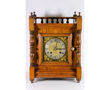 German -  late 19th century Arts and Crafts oak cased 8-day mantle clock, light oak case with a clear polished grain, flat to