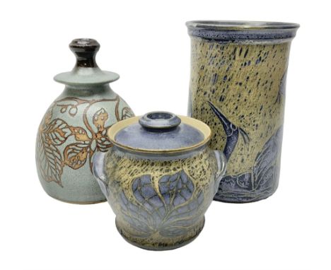 John Egerton (c1945-): studio pottery stoneware, comprising wine cooler decorated with herons on a mottled ground, covered st