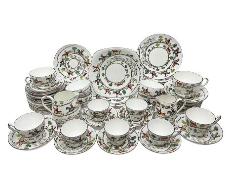 Coalport and Crown Staffordshire hunting scene part teawares, to include eleven teacups and saucers of various sizes, two cak