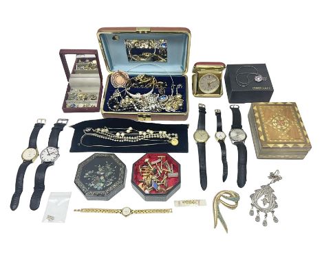 Costume jewellery including earrings, cufflinks, bracelets and necklaces, etc, and five wristwatches