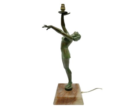 Art Deco patinated spelter table lamp, modelled as a young woman, upon a canted square alabaster plinth, H49.5cm