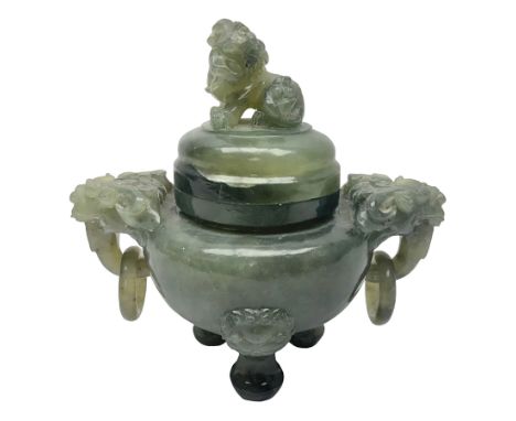 Two piece Chinese censer, sculptured hardstone, with ring and dragon-head handles and foo dog finial , H21cm