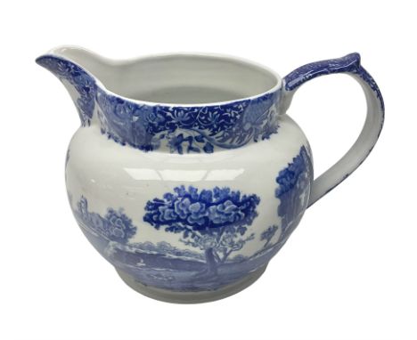 Large blue and white jug, decorated with landscape transfer print, H24cm