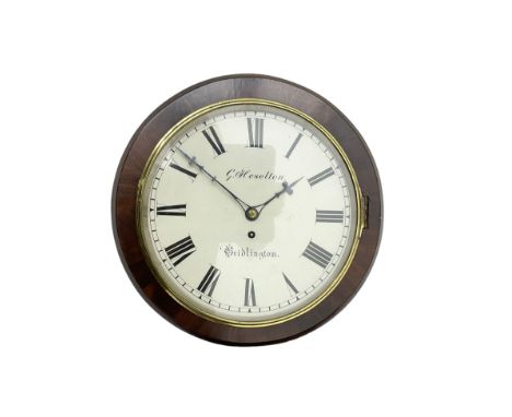 George Heselton of Bridlington, 8-day fusee wall clock c1860, with a flat mahogany dial bezel, painted dial with Roman numera