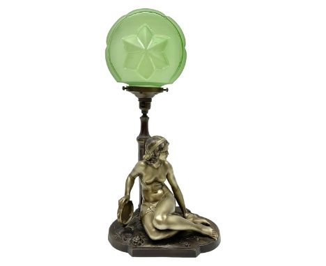 Art Deco style bronzed and gilded spelter figural table lamp with green Uranium glass shade; H48cm, another table lamp; and a