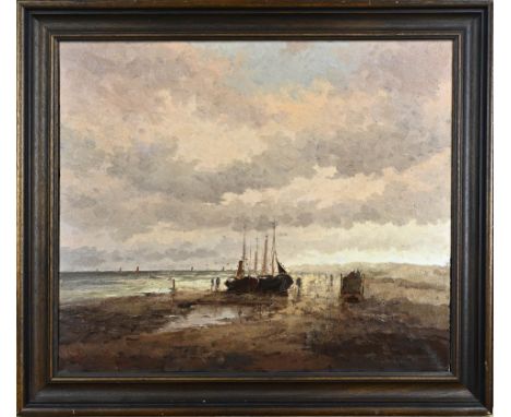 Rob de Haan. 1943 - . Bombing boats on the beach with fishermen. Oil on canvas. Dimensions: H 50 x W 60 cm. In good condition