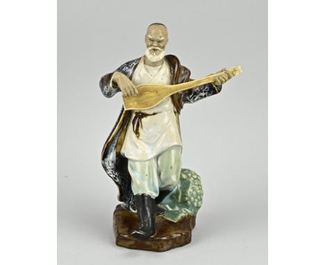 Antique Chinese celadon porcelain figure with string instrument. Dimensions: H 24 cm. In good condition.
