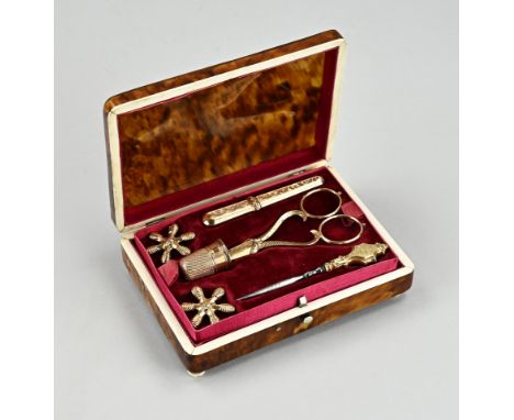 Box with gold sewing kit, 585/000, with a thimble, needle case, awl with gold handle and scissors with gold sheath and handle