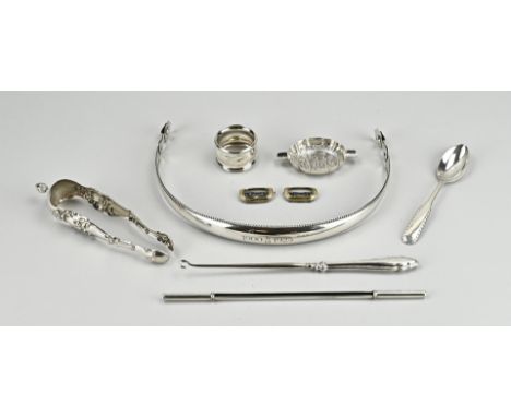 Lot various with silver; including a handle with pearl rim, a napkin ring with pearl rim, Danish pap spoon with worked handle