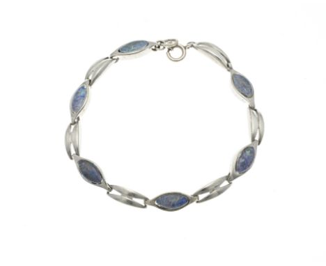 Silver bracelet, 835/000, with blue opal. Bracelet with oval and marquise-shaped links, alternately set with blue opal stones