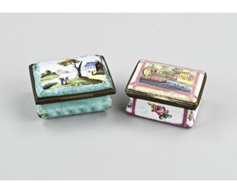 Two 18th century enamel tabatieres. 1x Figures in landscape (slight damage). 1x Flat-bottomed boat in harbour + floral decora
