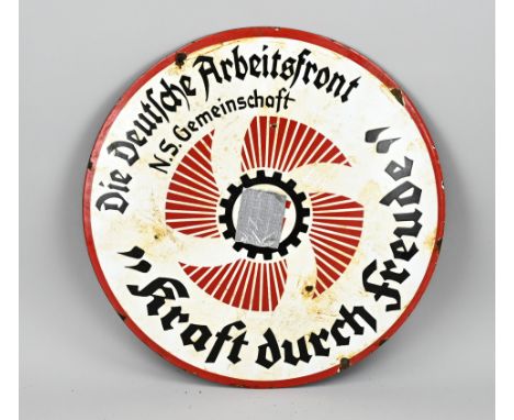 Old German enamel (metal) advertising sign of Die Deutsche Arbeitsfront. Dimensions: Ø 40 cm. In reasonable/good condition.