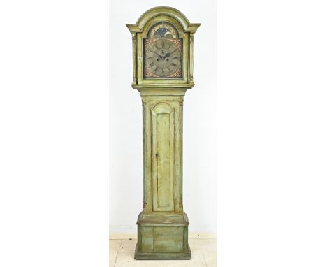 18th Century English grandfather clock with green polychromy. Peter Green Apenrade. Eight-day movement + date + seconds + moo
