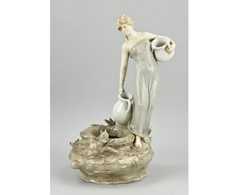 Signed + numbered ceramic figure. Art Nouveau. Circa 1900. Title: Schoop. Woman at well. Dimensions: H 41 cm. In good conditi