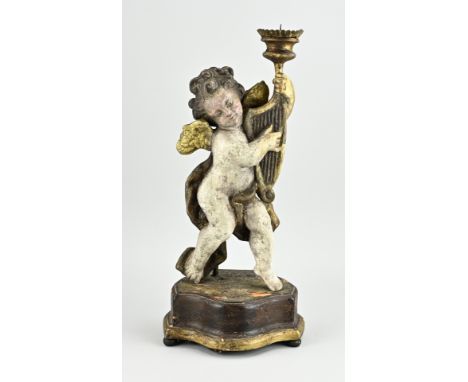 Carved church putti candlestick. Baroque. Circa 1800. Size: 55 cm. Restorations. In fair condition.