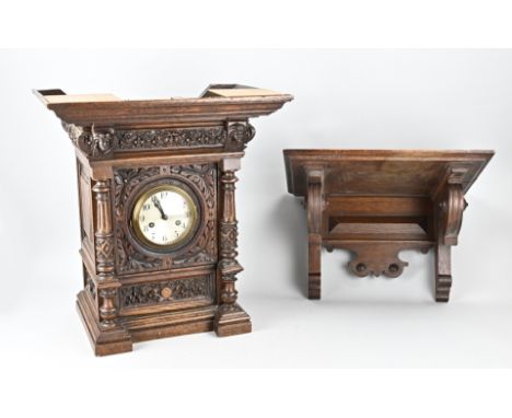 Antique German oak Gründerzeit table clock with console. Circa 1900. Numbered movement. Weekly runner, half-hour strike. Cloc