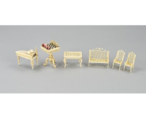 Lot antique 19th bone toy miniature furniture for dollhouse. Made in Dieppe France Including; piano, chess table, garden set.