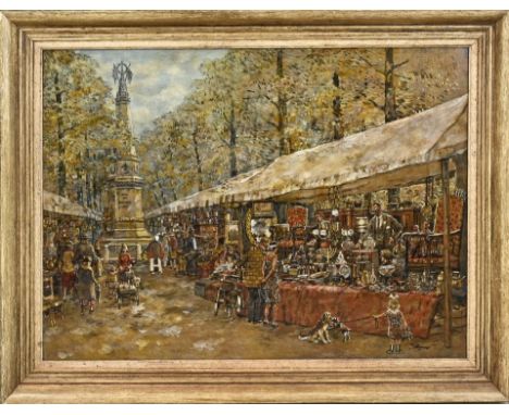 BC Ettinger. 1916 - 1991. The Hague antique market. Oil on panel. Dimensions: H 60 x W 80 cm. In good condition.