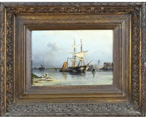 Nicolaas Riegen. 1827 - 1889. Two-master in harbour with figures. Oil on panel. Dimensions: H 25 x W 35 cm. In good condition
