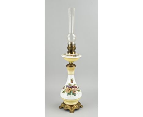 Antique opaline glass kerosene lamp with floral painting. France. Circa 1900. Dimensions: H 74 cm. In good condition.