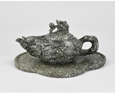 Chinese granite teapot + drip tray. 20th century. Size: 21 - 24 cm. In good condition.